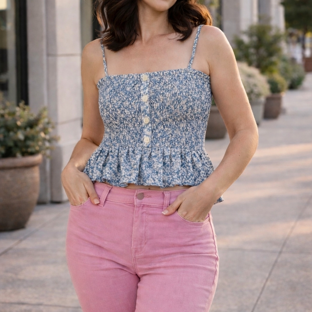 Paper Crane Blue and White Floral Crop Top